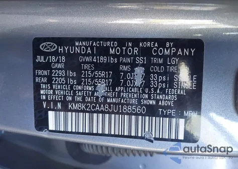 2018 Hyundai Kona Sel z USA, uszkodzony, nr VIN KM8K2CAA8JU188560